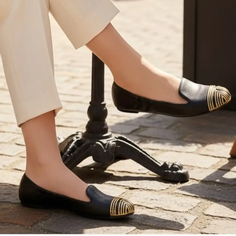 Tory Burch Charlee Black Leather Gold Toe Ballet Flat Shoes Size 7.5 Slip On